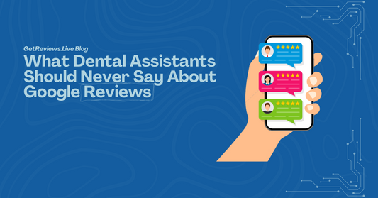 Illustration of a hand holding a phone showing star-rated reviews, used in a GetReviews.Live blog about What Dental Assistants Should Never Say About Google Reviews