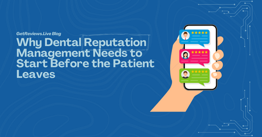 Illustration of a hand holding a phone showing star-rated reviews, used in a GetReviews.Live blog about Why Dental Reputation Management Needs to Start Before the Patient Leaves