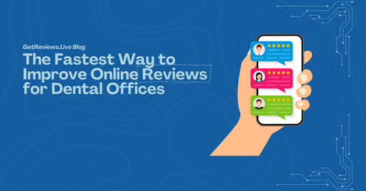 Illustration of a hand holding a phone showing star-rated reviews, used in a GetReviews.Live blog about The Fastest Way to Improve Online Reviews for Dental Offices