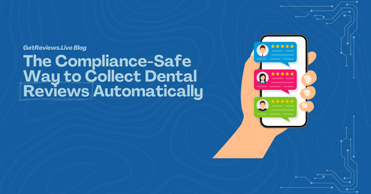 Illustration of a hand holding a phone showing star-rated reviews, used in a GetReviews.Live blog about The Compliance-Safe Way to Collect Dental Reviews Automatically