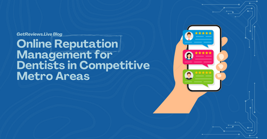 Illustration of a hand holding a phone showing star-rated reviews, used in a GetReviews.Live blog about Online Reputation Management for Dentists in Competitive Metro Areas