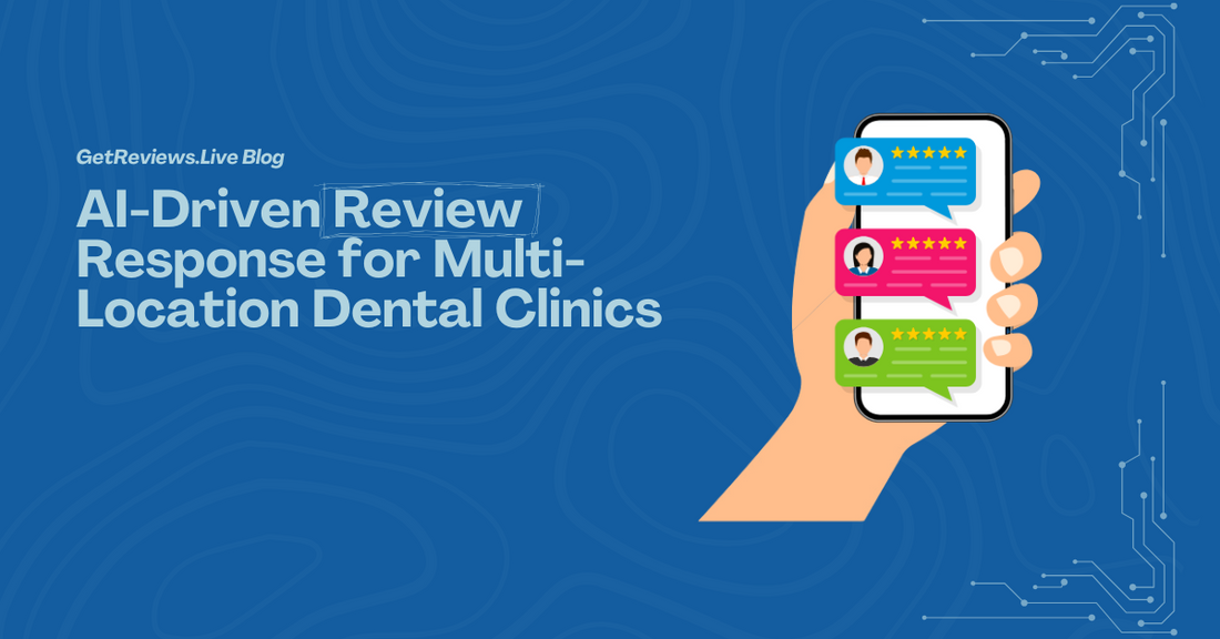 Illustration of a hand holding a phone showing star-rated reviews, used in a GetReviews.Live blog about AI-Driven Review Response for Multi-Location Dental Clinics