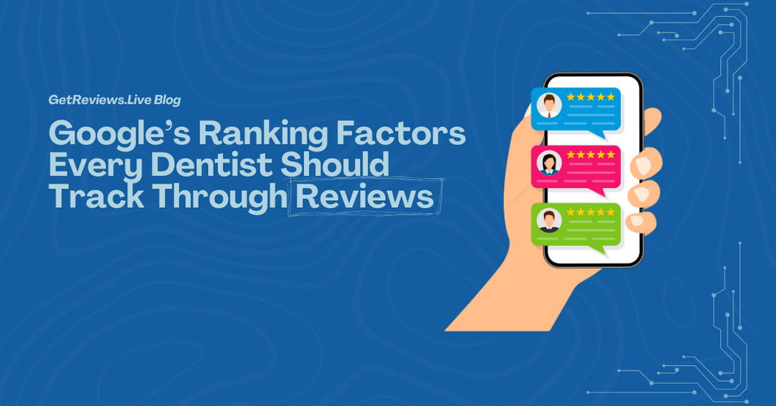 Illustration of a hand holding a phone showing star-rated reviews, used in a GetReviews.Live blog about Google’s Ranking Factors Every Dentist Should Track Through Reviews