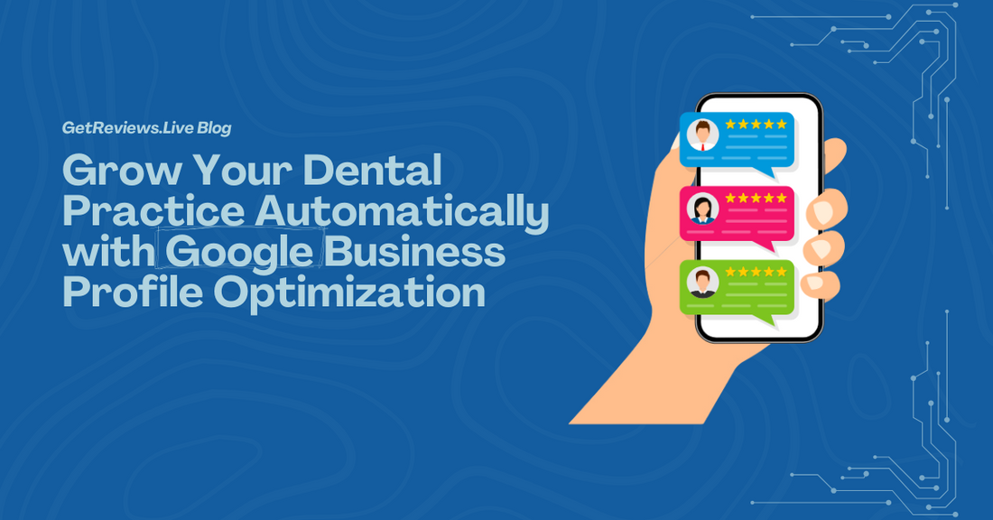 Illustration of a hand holding a phone showing star-rated reviews, used in a GetReviews.Live blog about Grow Your Dental Practice Automatically with Google Business Profile Optimization