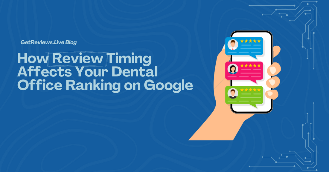 Illustration of a hand holding a phone showing star-rated reviews, used in a GetReviews.Live blog about How Review Timing Affects Your Dental Office Ranking on Google