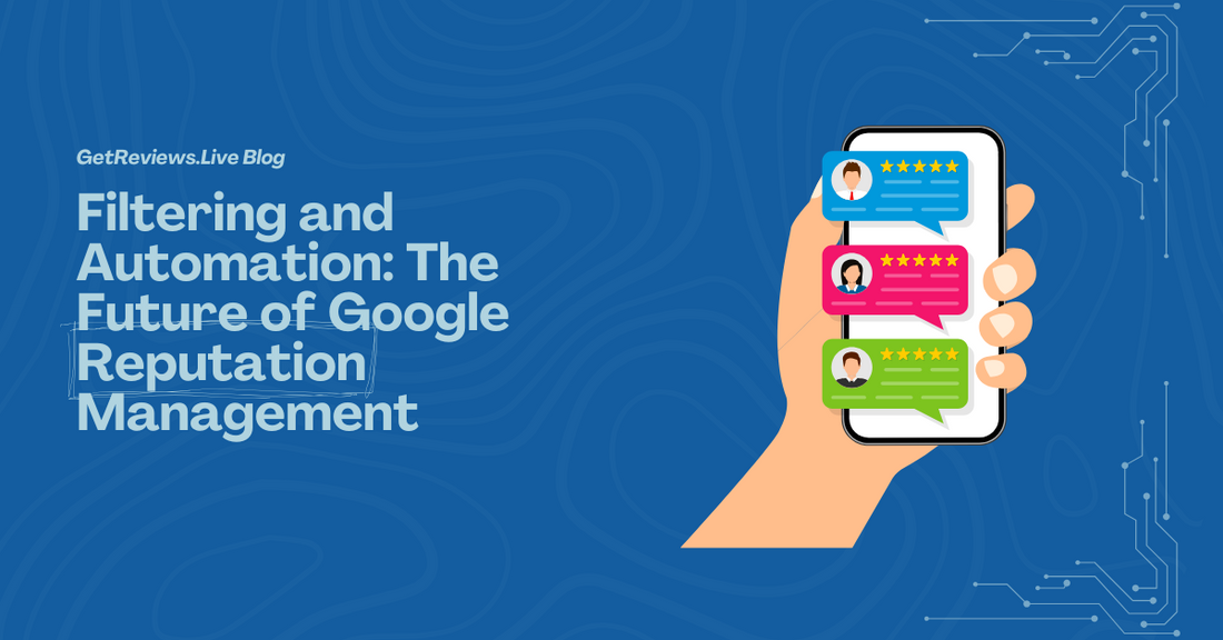 Illustration of a hand holding a phone showing star-rated reviews, used in a GetReviews.Live blog about Why Reputation Filtering and Automation Matter More Than Just Getting More Reviews
