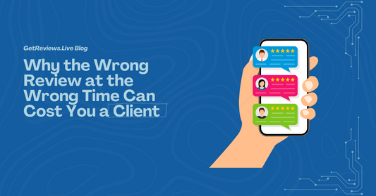 Illustration of a hand holding a phone showing star-rated reviews, used in a GetReviews.Live blog about Why the Wrong Review at the Wrong Time Can Cost You a Client
