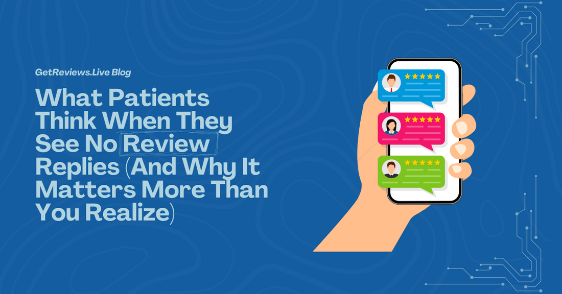 Illustration of a hand holding a phone showing star-rated reviews, used in a GetReviews.Live blog about What Patients Think When They See No Review Replies (And Why It Matters More Than You Realize)