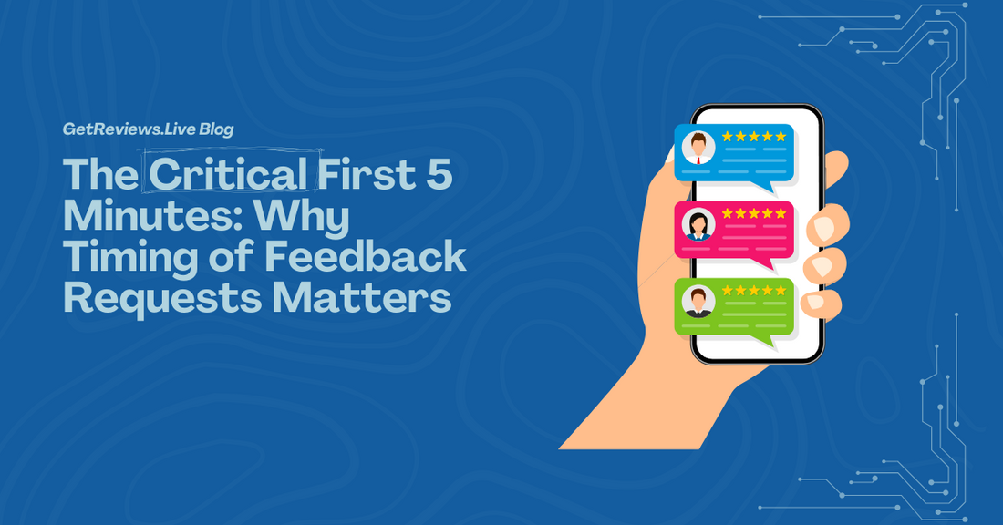 Illustration of a hand holding a phone showing star-rated reviews, used in a GetReviews.Live blog about The Critical First 5 Minutes: Why Timing of Feedback Requests Matters