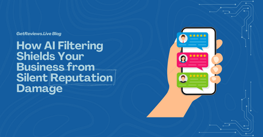 Illustration of a hand holding a phone showing star-rated reviews, used in a GetReviews.Live blog about How AI Filtering Shields Your Business from Silent Reputation Damage