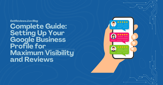 Illustration of a hand holding a phone showing star-rated reviews, used in a GetReviews.Live blog about Complete Guide: Setting Up Your Google Business Profile for Maximum Visibility and Reviews