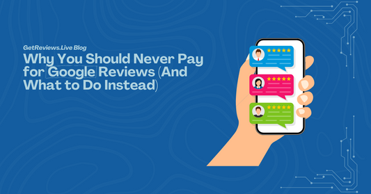 Illustration of a hand holding a phone showing star-rated reviews, used in a GetReviews.Live blog about Why You Should Never Pay for Google Reviews (And What to Do Instead)