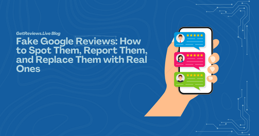 Illustration of a hand holdin a phone showing star-rated reviews, used in a GetReviews.Live blog about Fake Google Reviews: How to Spot Them, Report Them, and Replace Them with Real Ones