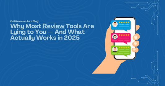 Illustration of a hand holding a phone showing star-rated reviews, used in a GetReviews.Live blog about Why Most Review Tools Are Lying to You — And What Actually Works in 2025