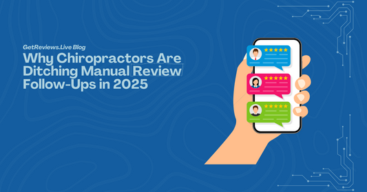 Illustration of a hand holding a phone showing star-rated reviews, used in a GetReviews.Live blog about Why Chiropractors Are Ditching Manual Review Follow-Ups in 2025