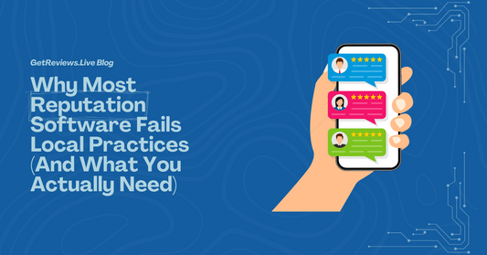 Illustration of a hand holding a phone showing star-rated reviews, used in a GetReviews.Live blog about Why Most Reputation Software Fails Local Practices (And What You Actually Need)