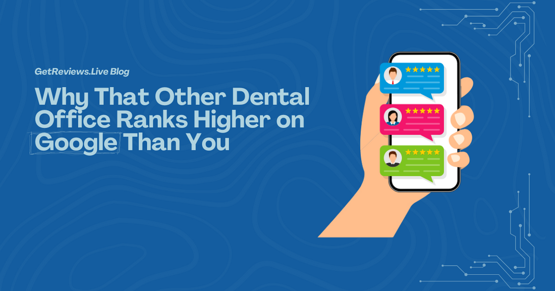 Illustration of a hand holding a phone showing star-rated reviews, used in a GetReviews.Live blog about Why That Other Dental Office Ranks Higher on Google Than You