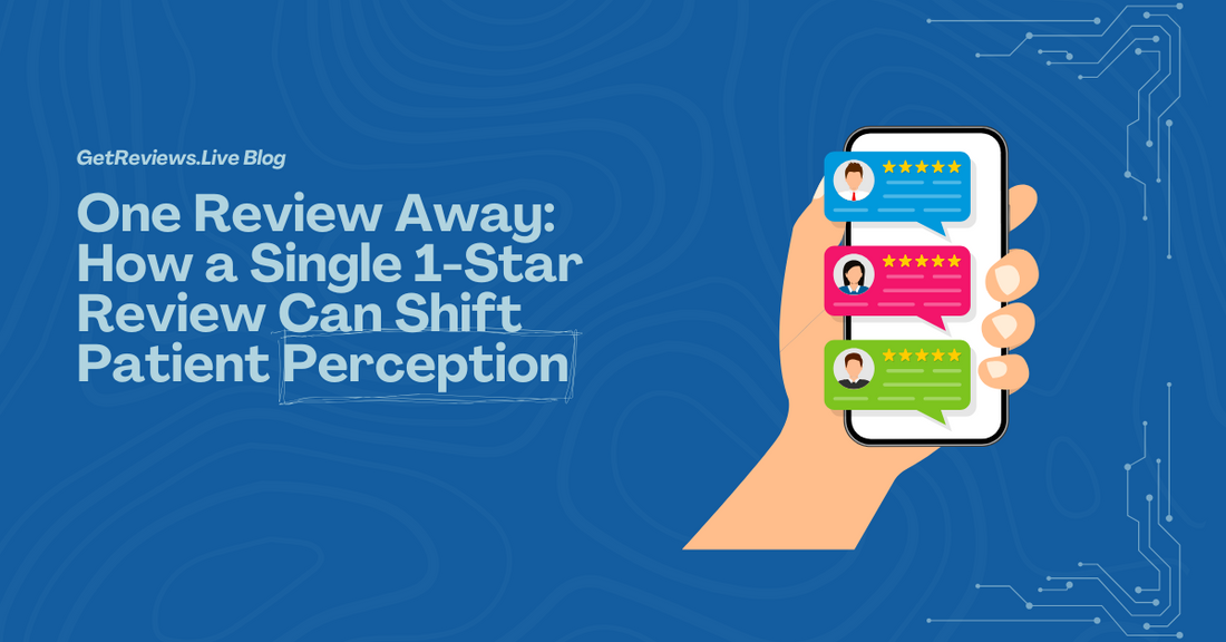 Illustration of a hand holding a phone showing star-rated reviews, used in a GetReviews.Live blog about One Review Away: How a Single 1-Star Review Can Shift Patient Perception