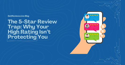 Illustration of a hand holding a phone showing star-rated reviews, used in a GetReviews.Live blog about The 5-Star Review Trap: Why Your High Rating Isn’t Protecting You