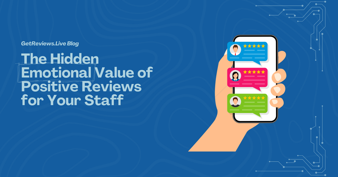 Illustration of a hand holding a phone showing star-rated reviews, used in a GetReviews.Live blog about The Hidden Emotional Value of Positive Reviews for Your Staff