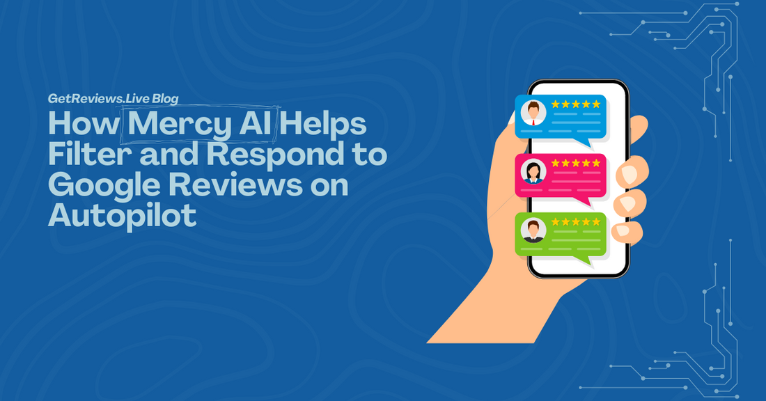 Illustration of a hand holding a phone showing star-rated reviews, used in a GetReviews.Live blog about How Mercy AI Helps Filter and Respond to Google Reviews on Autopilot