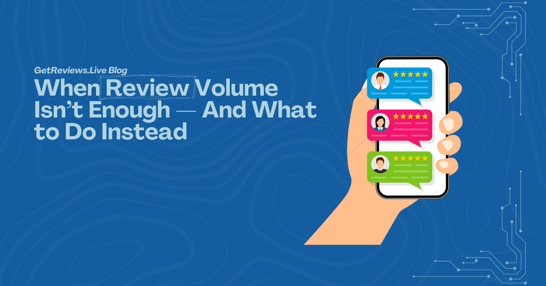 Illustration of a hand holding a phone showing star-rated reviews, used in a GetReviews.Live blog about When Review Volume Isn’t Enough — And What to Do Instead