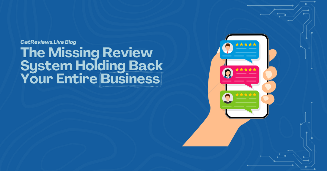 Illustration of a hand holding a phone showing star-rated reviews, used in a GetReviews.Live blog about The Missing Review System Holding Back Your Entire Business