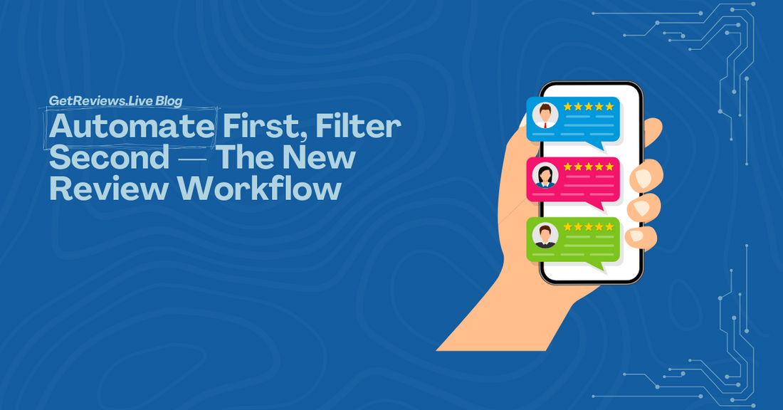 Illustration of a hand holding a phone showing star-rated reviews, used in a GetReviews.Live blog about Automate First, Filter Second — The New Review Workflow