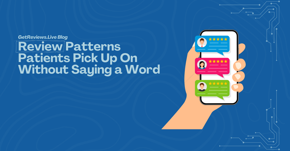 Illustration of a hand holding a phone showing star-rated reviews, used in a GetReviews.Live blog about Review Patterns Patients Pick Up On Without Saying a Word