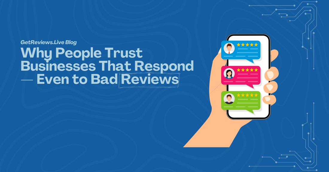 Illustration of a hand holding a phone showing star-rated reviews, used in a GetReviews.Live blog about Why People Trust Businesses That Respond — Even to Bad Reviews