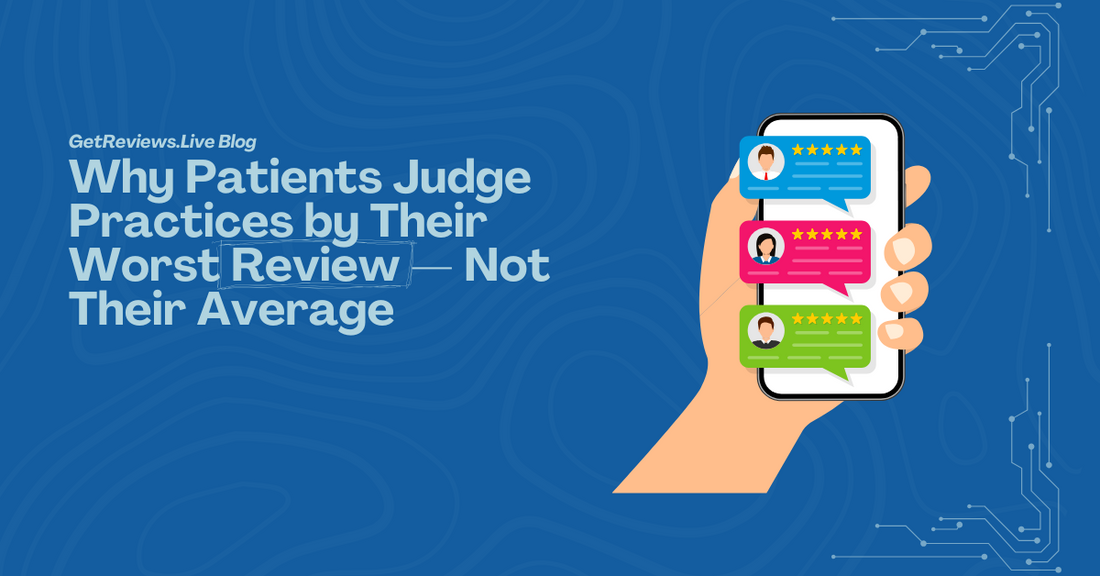 Illustration of a hand holding a phone showing star-rated reviews, used in a GetReviews.Live blog about Why Patients Judge Practices by Their Worst Review — Not Their Average