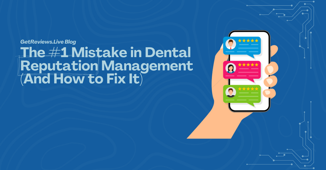 Illustration of a hand holding a phone showing star-rated reviews, used in a GetReviews.Live blog about The #1 Mistake in Dental Reputation Management (And How to Fix It)