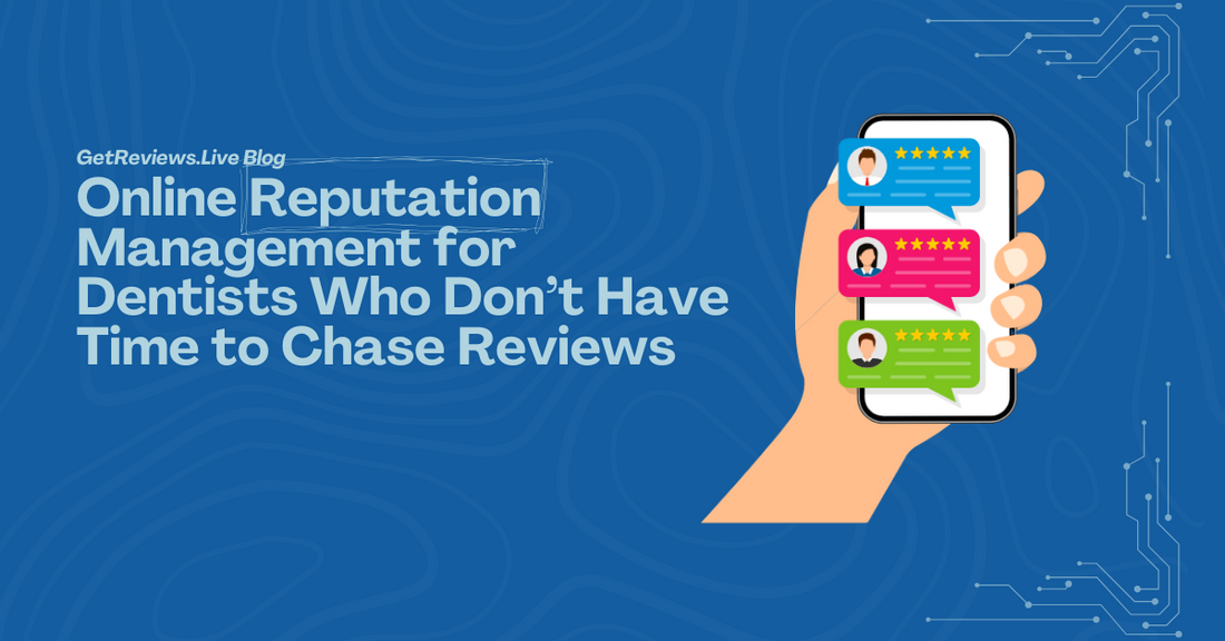 Illustration of a hand holding a phone showing star-rated reviews, used in a GetReviews.Live blog about Online Reputation Management for Dentists Who Don’t Have Time to Chase Reviews