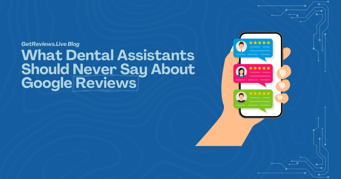 Illustration of a hand holding a phone showing star-rated reviews, used in a GetReviews.Live blog about What Dental Assistants Should Never Say About Google Reviews