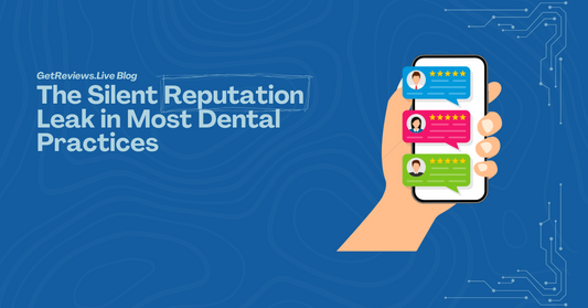 Illustration of a hand holding a phone showing star-rated reviews, used in a GetReviews.Live blog about The Silent Reputation Leak in Most Dental Practices