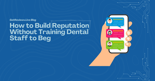 Illustration of a hand holding a phone showing star-rated reviews, used in a GetReviews.Live blog about How to Build Reputation Without Training Dental Staff to Beg