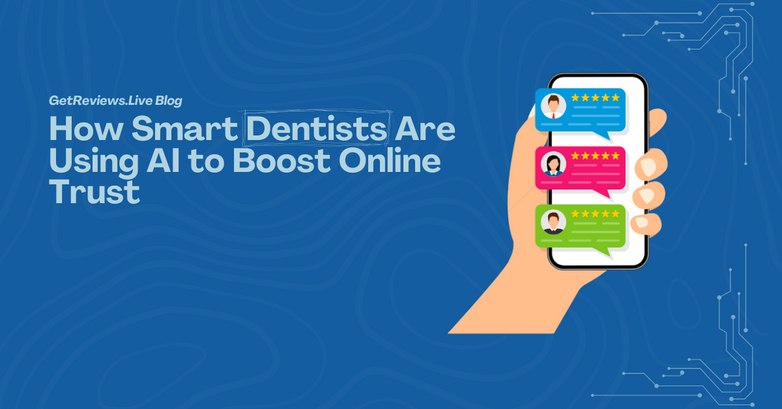 Illustration of a hand holding a phone showing star-rated reviews, used in a GetReviews.Live blog about How Smart Dentists Are Using AI to Boost Online Trust