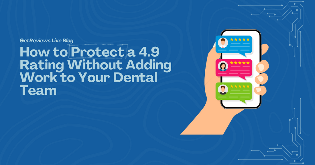 Illustration of a hand holding a phone showing star-rated reviews, used in a GetReviews.Live blog about How to Protect a 4.9 Rating Without Adding Work to Your Dental Team