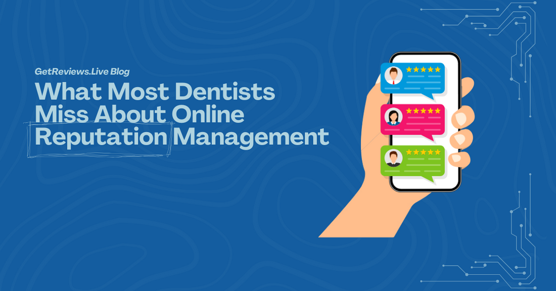 Illustration of a hand holding a phone showing star-rated reviews, used in a GetReviews.Live blog about What Most Dentists Miss About Online Reputation Management