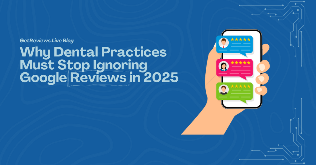 Illustration of a hand holding a phone showing star-rated reviews, used in a GetReviews.Live blog about Why Dental Practices Must Stop Ignoring Google Reviews in 2025