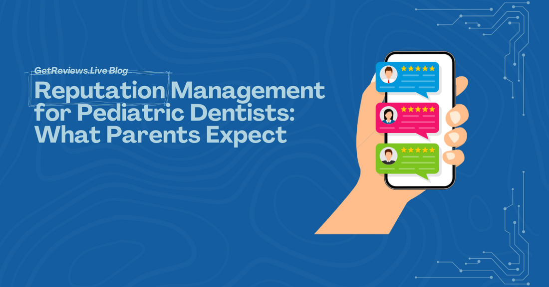 Illustration of a hand holding a phone showing star-rated reviews, used in a GetReviews.Live blog about Reputation Management for Pediatric Dentists: What Parents Expect