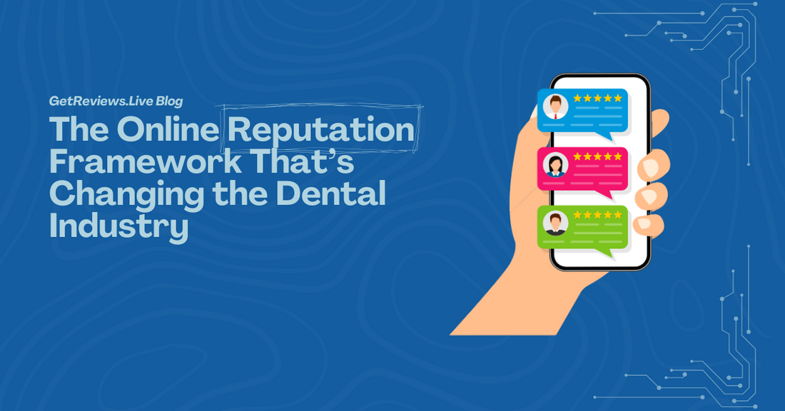 Illustration of a hand holding a phone showing star-rated reviews, used in a GetReviews.Live blog about The Online Reputation Framework That’s Changing the Dental Industry