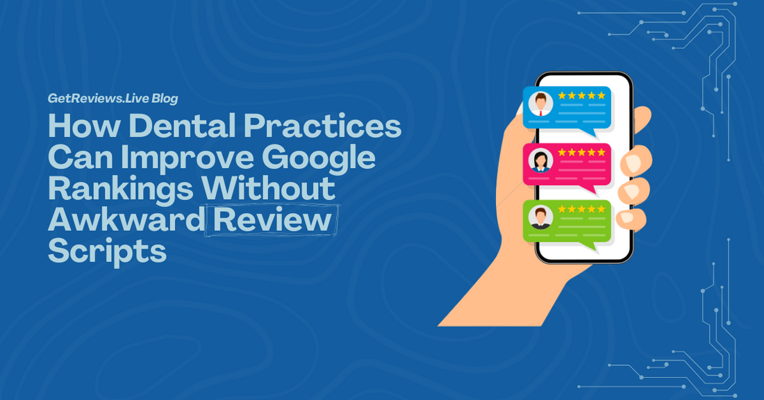 Illustration of a hand holding a phone showing star-rated reviews, used in a GetReviews.Live blog about How Dental Practices Can Improve Google Rankings Without Awkward Review Scripts