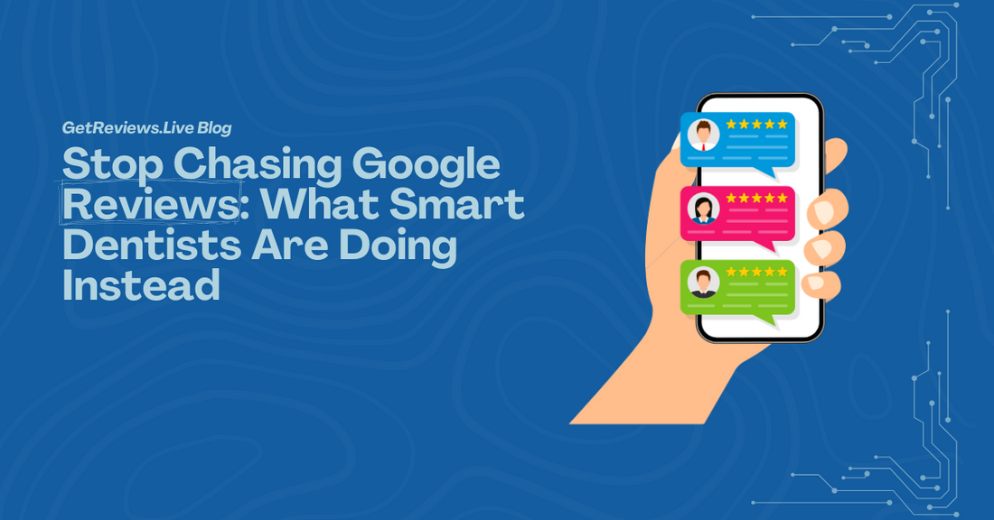 Illustration of a hand holding a phone showing star-rated reviews, used in a GetReviews.Live blog about Stop Chasing Google Reviews: What Smart Dentists Are Doing Instead