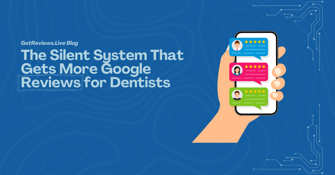 Illustration of a hand holding a phone showing star-rated reviews, used in a GetReviews.Live blog about The Silent System That Gets More Google Reviews for Dentists