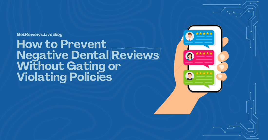 Illustration of a hand holding a phone showing star-rated reviews, used in a GetReviews.Live blog about How to Prevent Negative Dental Reviews Without Gating or Violating Policies