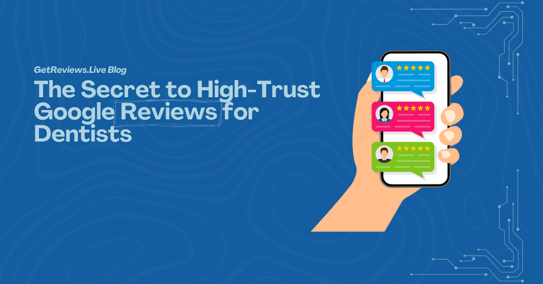 Illustration of a hand holding a phone showing star-rated reviews, used in a GetReviews.Live blog about The Secret to High-Trust Google Reviews for Dentists