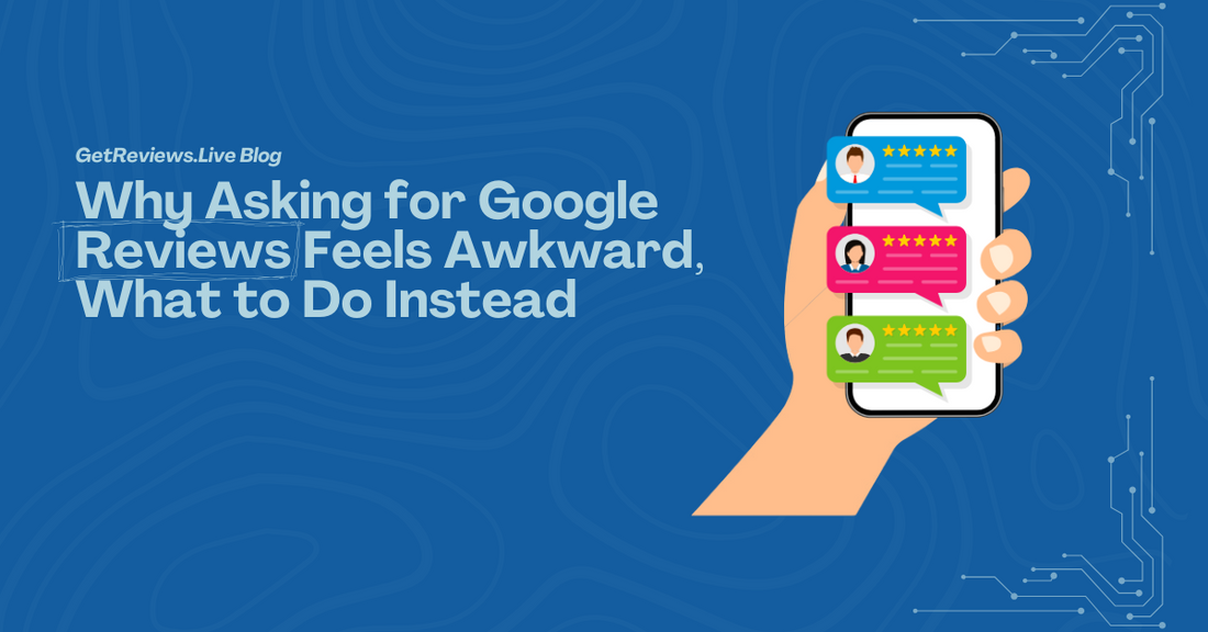 Illustration of a hand holding a phone showing star-rated reviews, used in a GetReviews.Live blog about Why Asking for Google Reviews Feels Awkward — And What to Do Instead