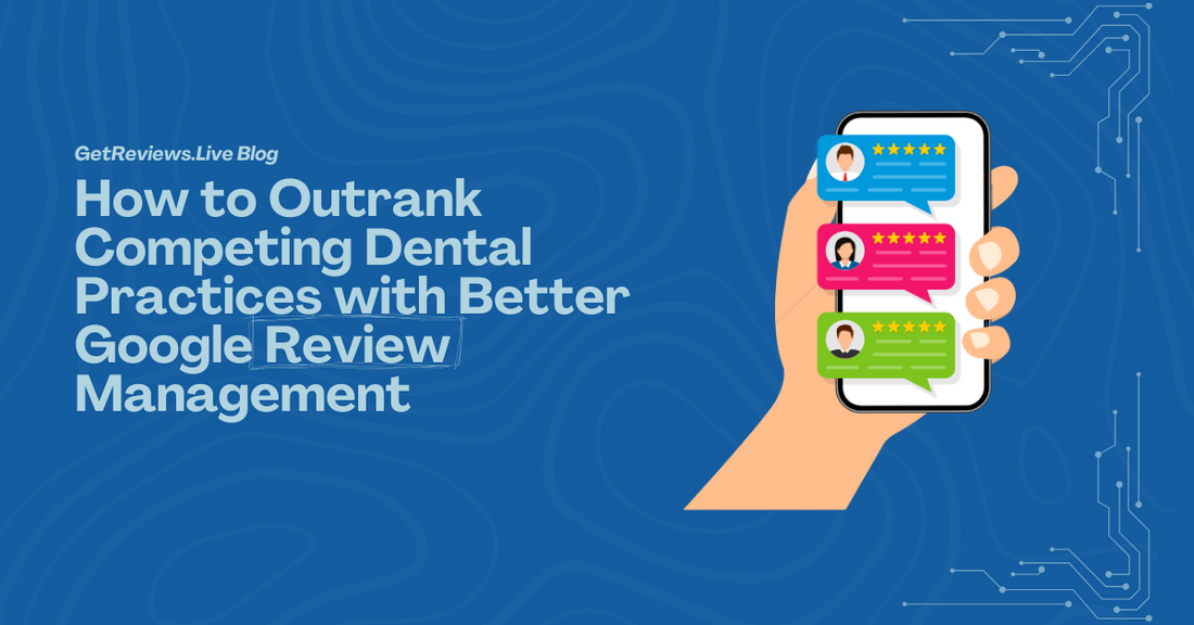 Illustration of a hand holding a phone showing star-rated reviews, used in a GetReviews.Live blog about How to Outrank Competing Dental Practices with Better Google Review Management