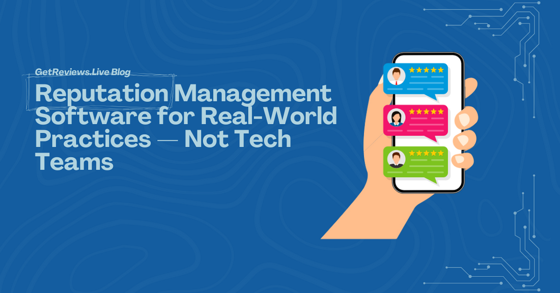 Illustration of a hand holding a phone showing star-rated reviews, used in a GetReviews.Live blog about Reputation Management Software for Real-World Practices — Not Tech Teams